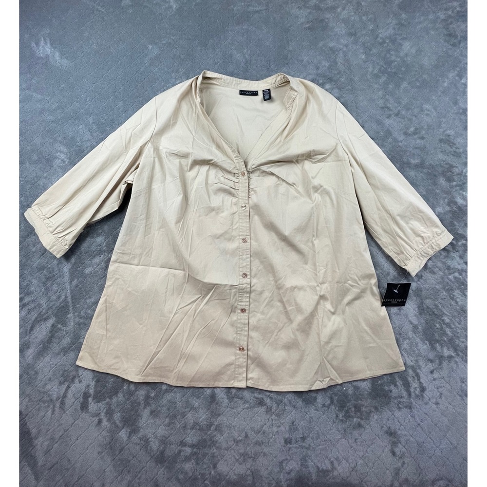Apostrophe Woman 22W Beige 3/4 Sleeve V-Neck Button Front Blouse‎ Top